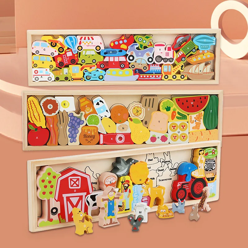 Detská drevená jigsaw puzzle to hračka Montessori 3D Animal Farm Traffic Game predškolské vzdelávanie Vzdelávacie hračky pre deti