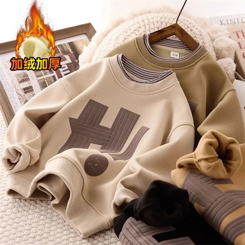 Detská fleece teplá mikina chlapec Cestovné mikiny bez kapucky Detské písmeno tlačené móda jesenné oblečenie Teenager Príležitostné jar