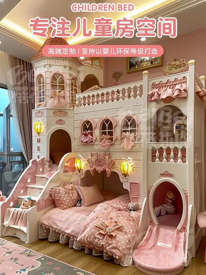 Detská izba Full House Custom Castle Bed Girl Princess Bunk Bed Deluxe Európska rodinná hotelová posteľ