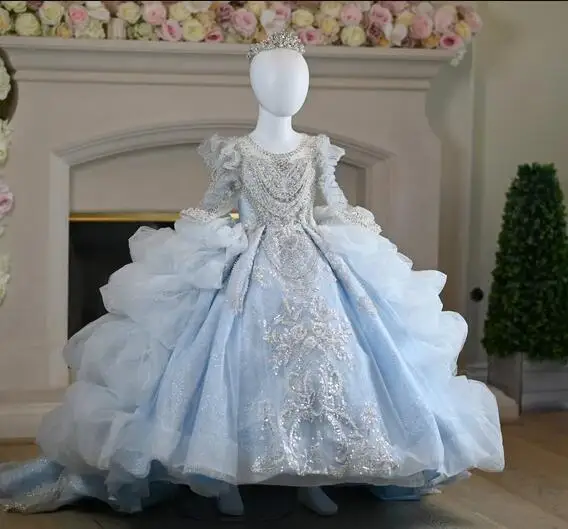 Detská modrá princezná kvetinová šaty s vlak s dlhým rukávom Huchy organza floting korálky dievčatá narodeninové šaty