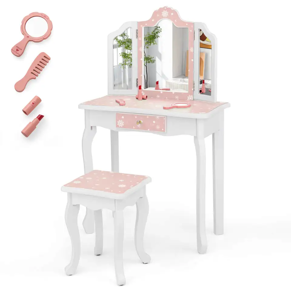 Detská márnosť Set batoľa make-up stôl a stolička s trojuholníkovou zrkadlovou zásuvkou