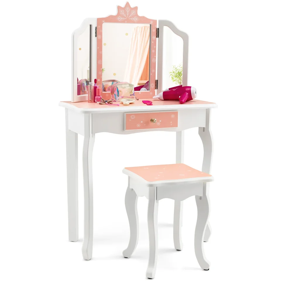 Detská márnosť set drevený make-up stolík stolička Tri-towning zrkadlo Snowflake potlač ružovú ružovú farbu