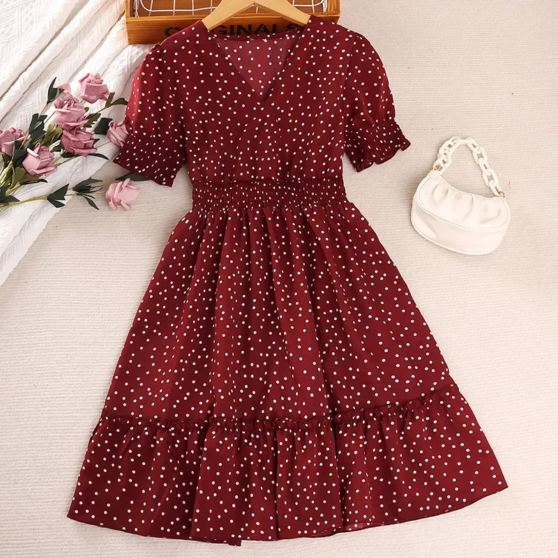 Detská nová letná kórejská verzia s krátkym rukávom Polka dot dot princezná šaty západný štýl sukňové šaty