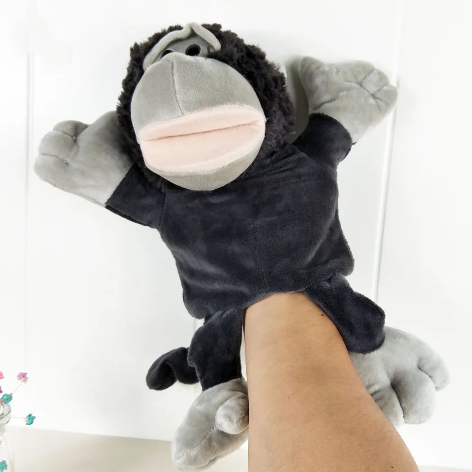 Detská ruka bábka Veľká čierna gorilla opica naplnená plyšová hračka