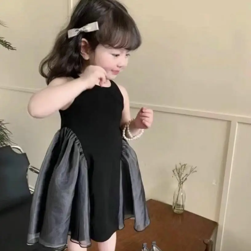 Detská sieťovina vesta šaty dievča čierne rukávy Vestidos Kids leto nové narodeninové šaty šaty WZ1338