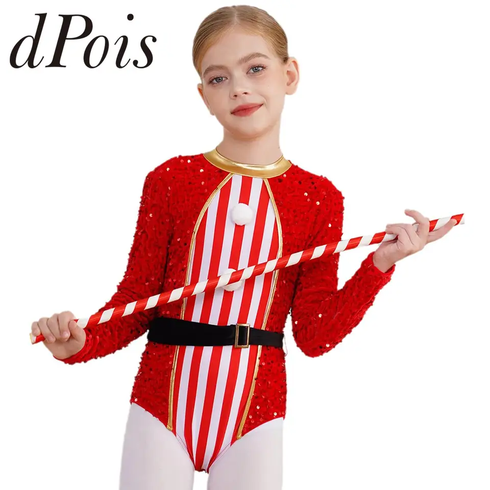 Detská vianočná párty Nový rok kostým baletný tanec Dance Detské deti Flitry s dlhým rukávom pruhy tela obleky dievčenský vianočný bodsysuit