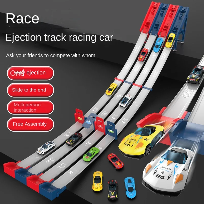 Detská závodná súťaž Catapult Track Track Car Inertia Zliatina automobil DIY Zhromaždenie Zostavenie katapultu s autami
