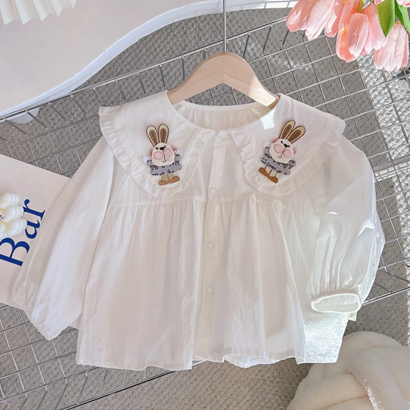Detská čipka tričko 2025 Spring Nový dlhý rukáv Cute Bunny Top Girls French Jacquard Dolls Tirls