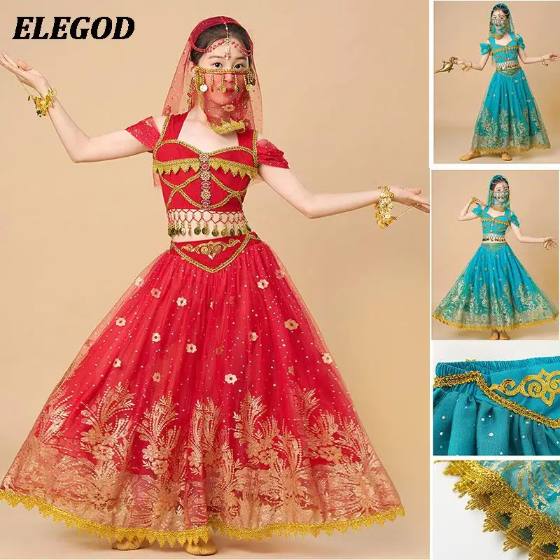 Detské brušné tanečné oblečenie Set Girls Top and Dress Jasmine Princess Costume Set Orientálny arabský indický tanec Bollywood Oblečenie