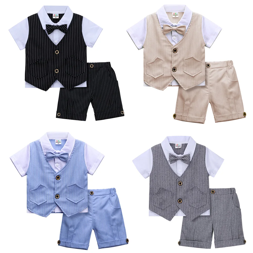 Detské chlapci oblečenie set dojčenských džentlmenských outfitu top + kraťasy Krst Svadba narodenín darčekový kostým 2ks detské letné oblečenie