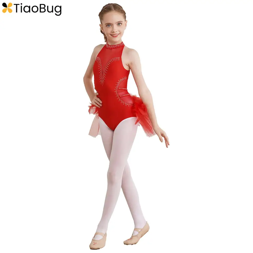 Detské dievčatá baletné tanečné šaty bez rukávov bez rukávov Sparkly perie Tulle Tulle sollované trikotové krasokorčuľovanie súťaž