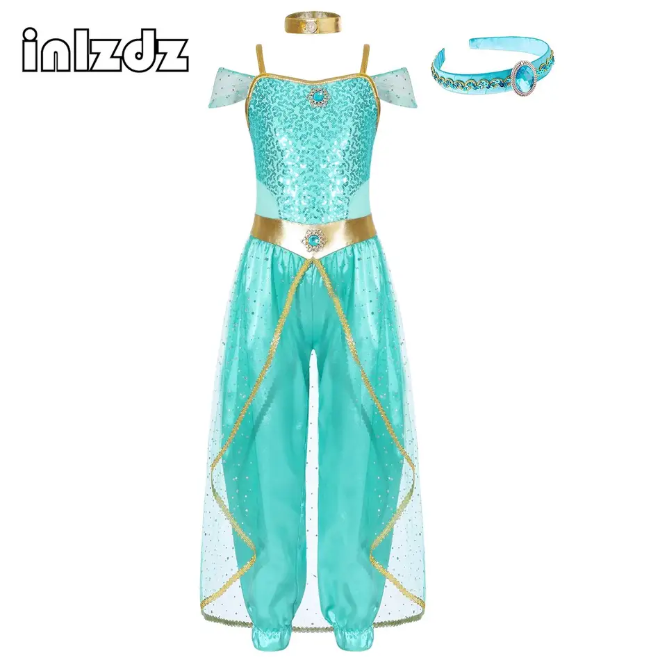 Detské dievčatá brušné tanec Romper Arabian princezná kostým drahokamy flocin halloween kombinézy kostýmy s setou poklesu hlavy pokokov
