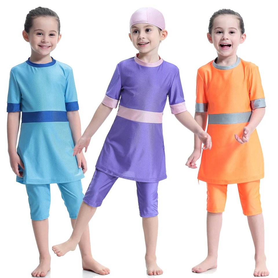 Detské dievčatá burkinis plavky Patchwork plážové oblečenie blúzka s krátkym rukávom+legíny+čiapka 3ks arabské islamské moslimské plavky size80-160