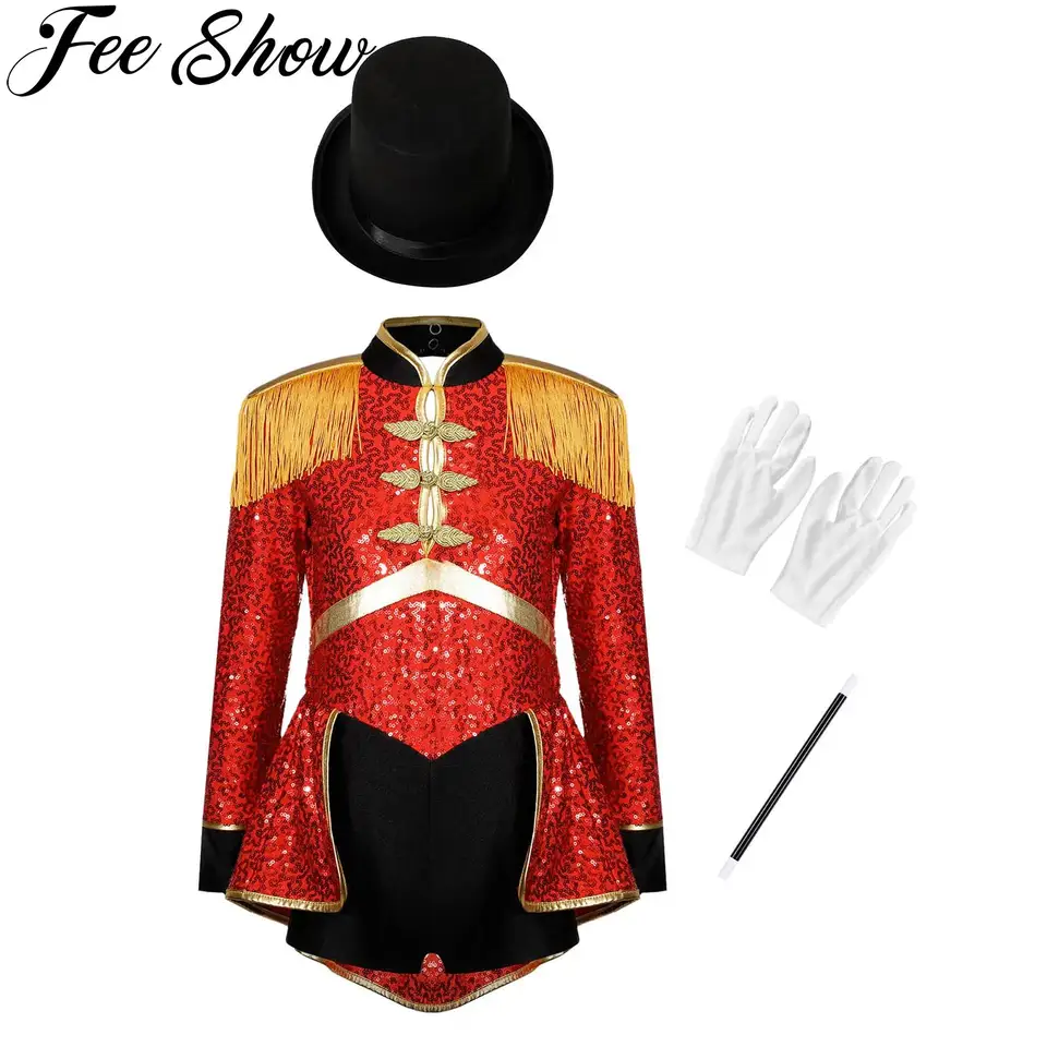 Detské dievčatá cirkus Ringmaster Kúzelník bubnový kapela Kostýmy Fližby BodySuit s klobúkom rukavice prútik Halloween Carnival Fancy Dress Up