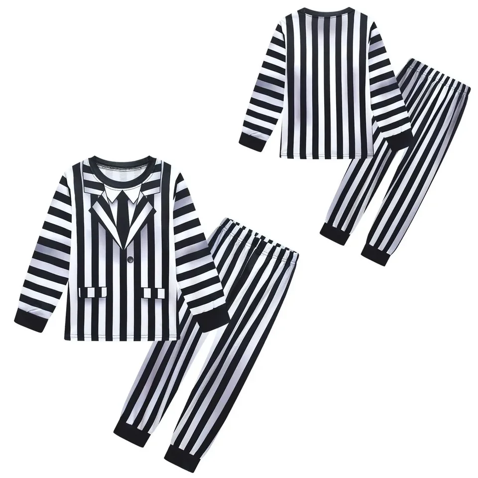 Detské dievčatá Dievčatá Čierny a biely pruh Hrozný mních T košeľa dlhé nohavice sada outfit vianočná rola hra halloween cosplay kostým