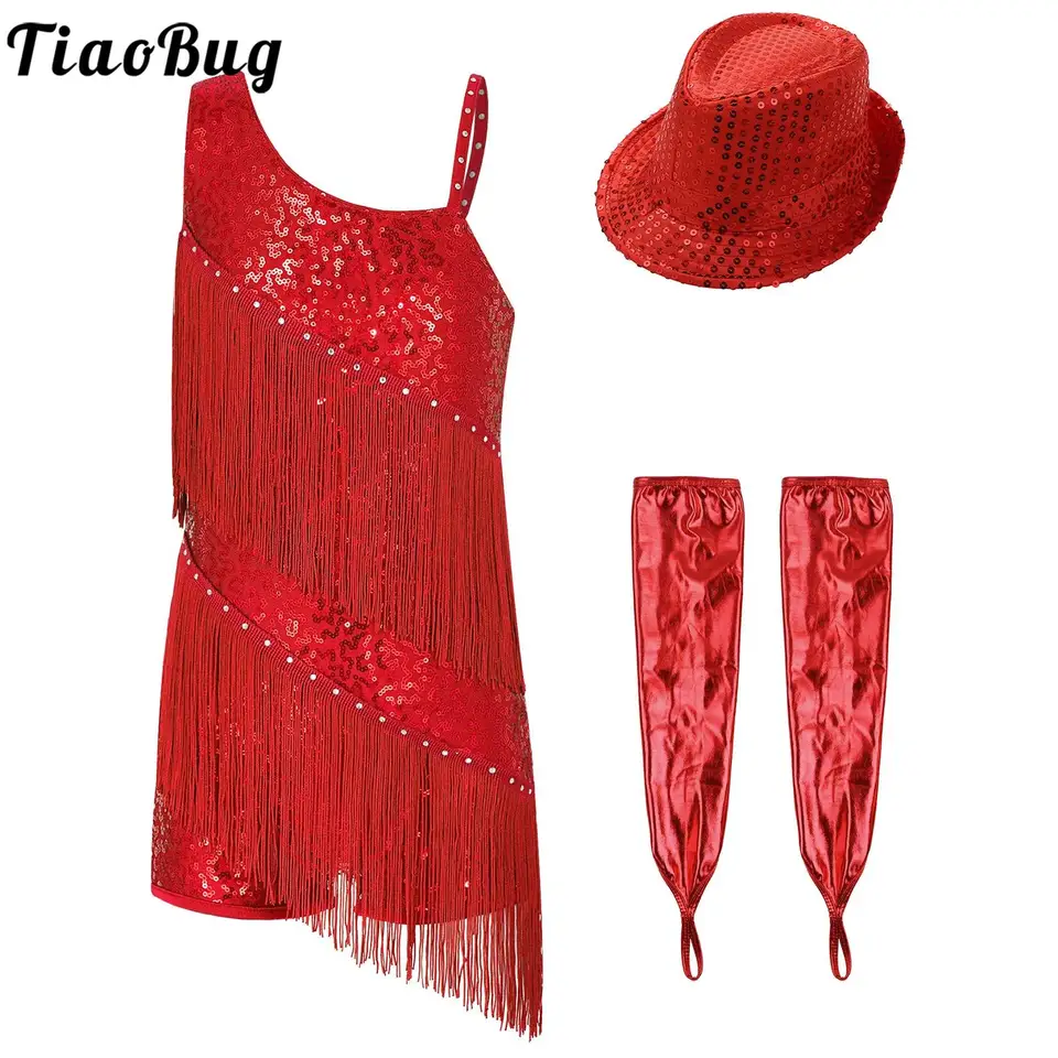Detské dievčatá flitry salsa latinské tanečné šaty Tassel Fringe Leotard Dress s rukavicami klobúk Outfits sallroom Performance Bodysuit Set