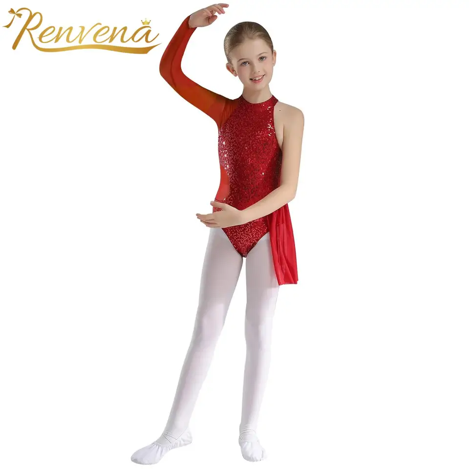 Detské dievčatá flocin jazz latinský tanečný dance kombinézy balet tutu leotard krasokorčuľovanie jedným ramenným sieťou s dlhým rukávom gymnastika