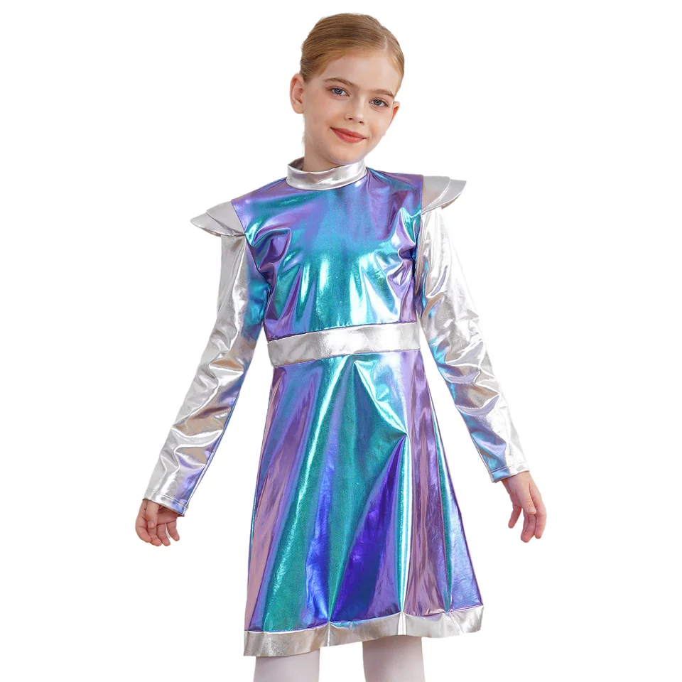 Detské dievčatá Halloween mimozemské cosplay kostým vesmír Kúpel Cutie šaty dlhé rukávy lesklé puri šaty karnevalové tematické večierky sa obliekajú