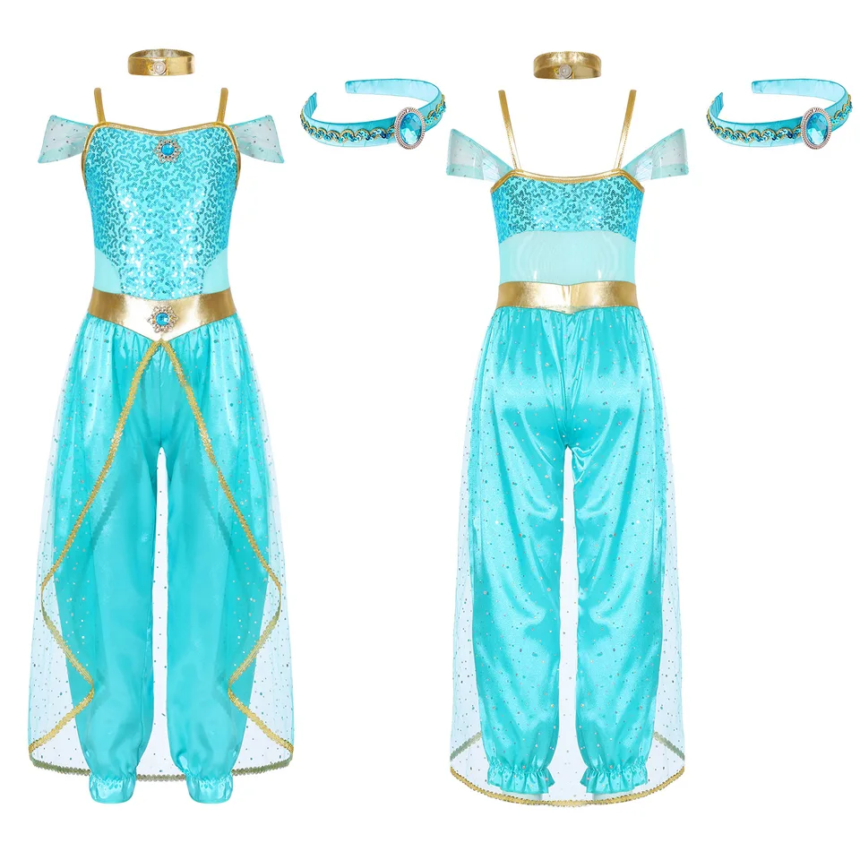Detské dievčatá Halloweenské rozprávky Arabian princezná cosplay kostýmov bez rukávov kombinézy s chokerovým vlasovým obručou pre bruško tanec