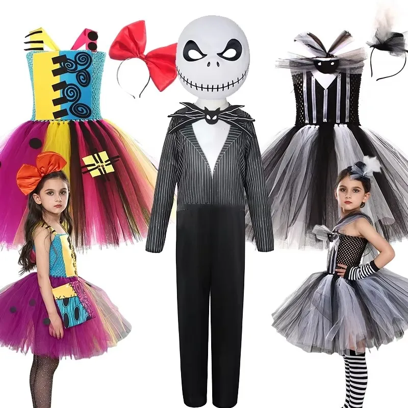 Detské dievčatá Jack Skallington Halloween Cosplay kostýmy dievča nočné more oblečenie oblečenie dieťa Sally čarodejnica cosplay fancy cosplay oblečenie