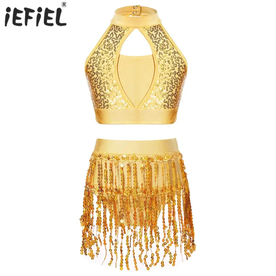 Detské dievčatá jazz latinské samba tanečný výkon kostýmy Flitry tanečný outfit dutina halter horná flitra freing fringe šortky oblek