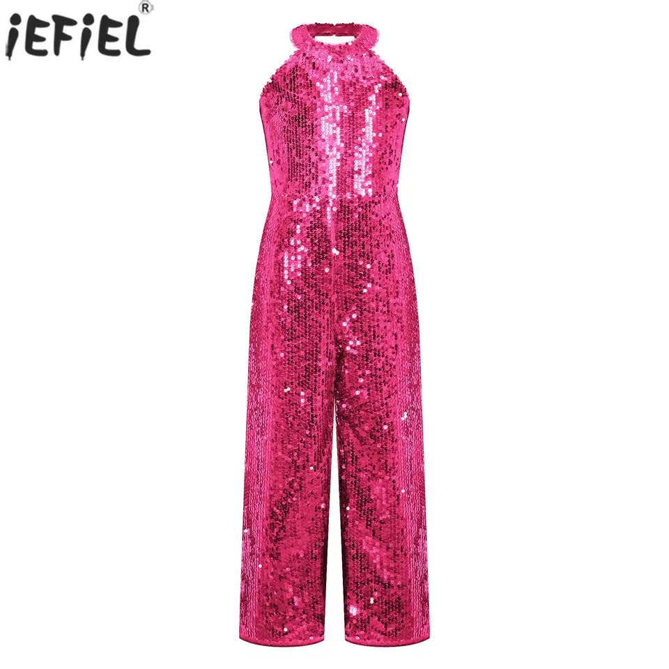 Detské dievčatá jazzový tanečný výkon kombinéza lesklý flitra bez rukávov Halter Romper Birthday Svadobná večera Dancing Prom Bodysuit