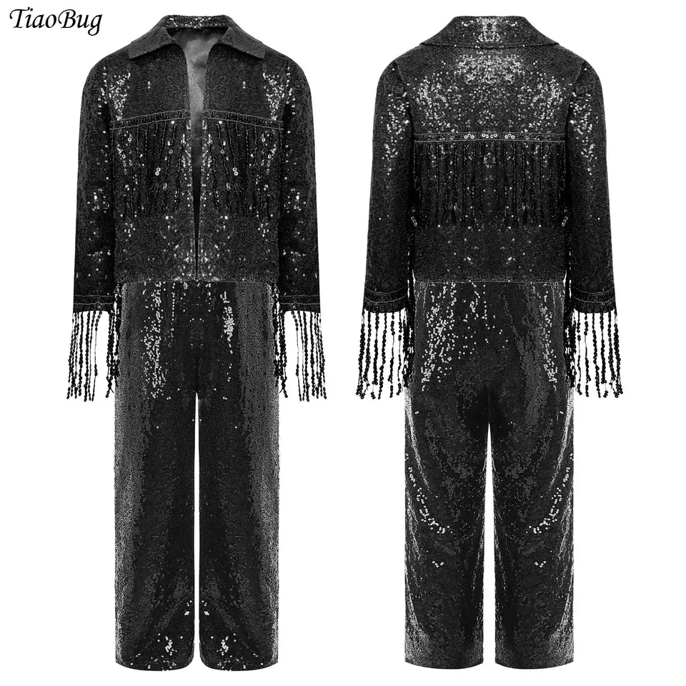 Detské dievčatá jazzový tanečný výkon kostým Sparkly Flitry Tassel bunda s dlhým rukávom Otvorený predný kabát Outwear s flitrovanými nohavicami