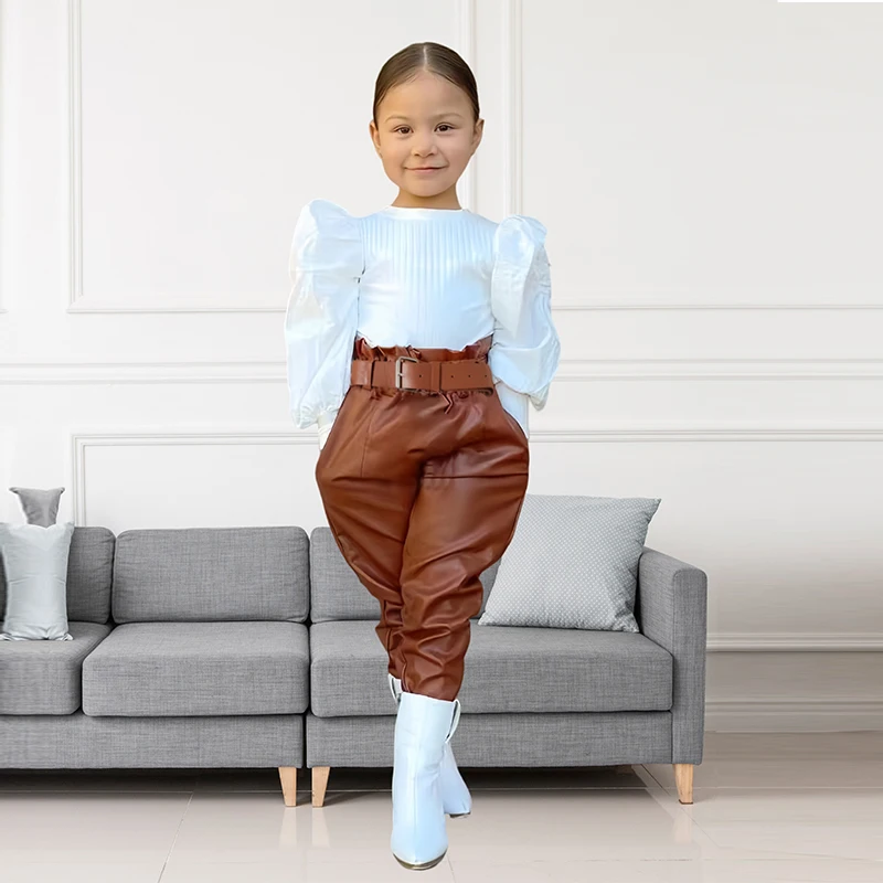 Detské dievčatá jesenné oblečenie Módne masívne vrcholy s dlhým rukávom+PU PANTS DETI Dievčatá oblečenie 1 2 3 4 5 6 rokov DETI