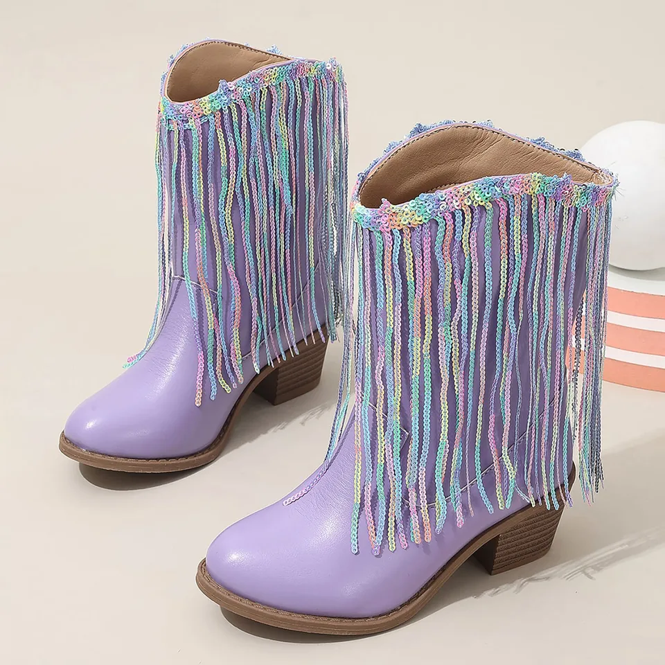 Detské dievčatá kovbojské západné topánky Glitter Slidre Tassel Princess topánky stredné lýtkové štvorcové topánky Pu kožené masívne farebné topánky