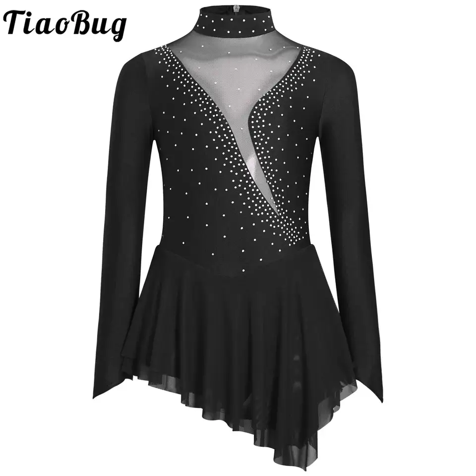 Detské dievčatá kreslenie ľadového korčuľovania kostým s dlhým rukávom Balet Dance mesh Patchwork kamienky Dacning šaty