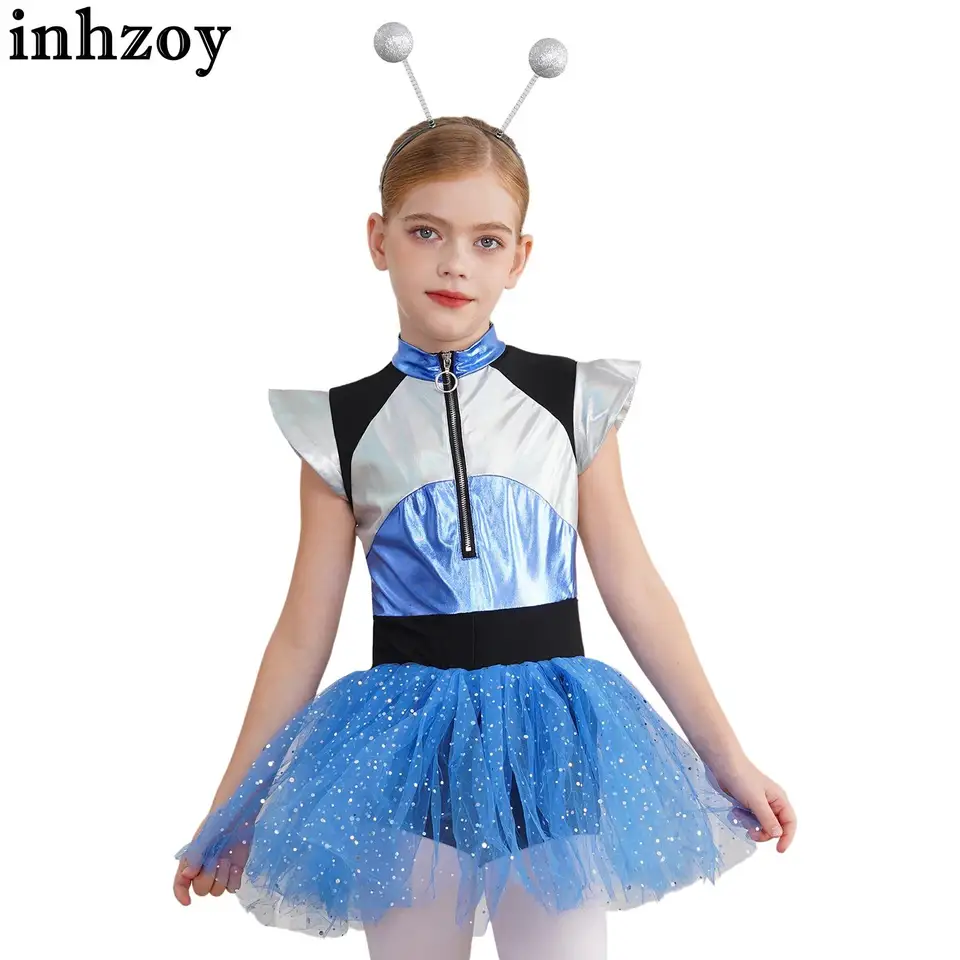 Detské dievčatá mimozemský robot kozmických kozmických astronautov šaty s krátkym rukávom farebný blok Splice Leskiny tutu šaty halloween karneval šaty