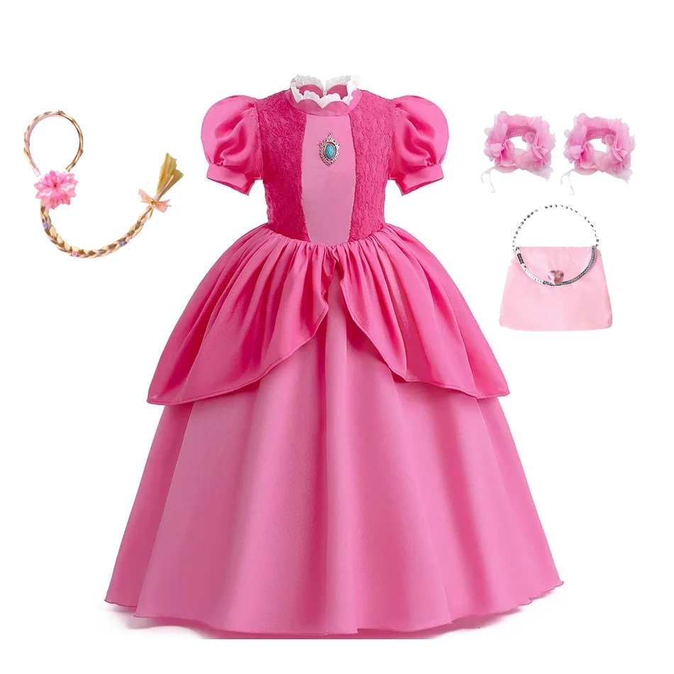 Detské dievčatá Peach Princess Cosplay šaty ružový film Barbie kostýmy pódium performace outfity deti Karneval narodeninové oslavy oblečenie