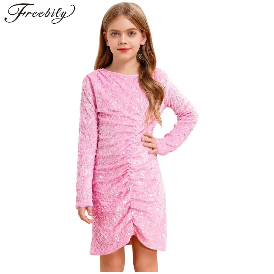 Detské dievčatá s dlhým rukávom Flitrové šaty Teen Girls Prom Formal Party Bodycon šaty promócie narodeniny sprievodné šaty