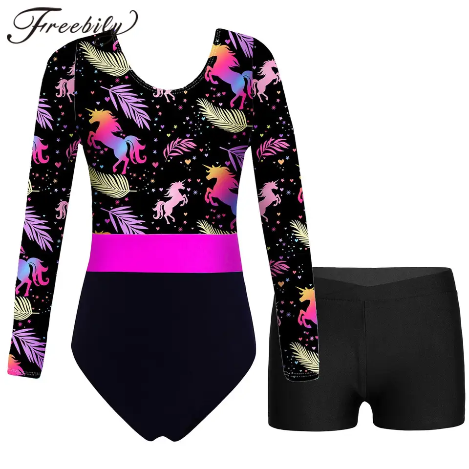 Detské dievčatá s dlhým rukávom tlačená rytmická gymnastika trikoty s kraťasmi figuhsuit Dancewear Childs Balet Dance Outfit