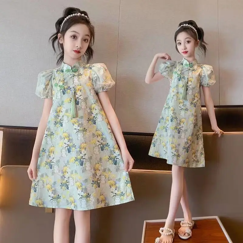 Detské dievčatá sa obliekajú letný čínsky štýl Hanfu Cheongsam Detské šaty dievčatka princezná šaty Teenager s krátkym rukávom 12 rokov