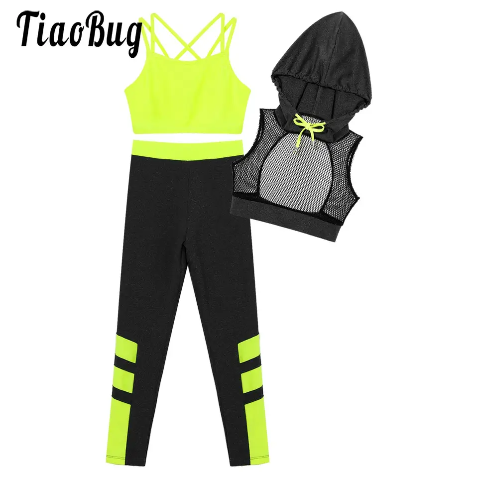 Detské dievčatá Sport Set 3 -Piece Camisole s kapucňou plodiny Top a športové leggingy Jersey Suit Teens Hip Hop Street Dance Clothing