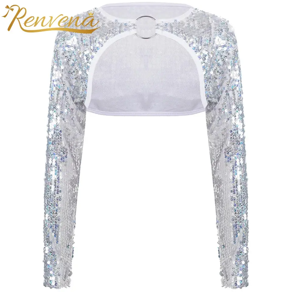 Detské dievčatá trblietavé flitry Bolero pokrčené ramenami módy módne detské bunda s dlhým rukávom plodina Top Rave Party Festival Prom Dance Costy