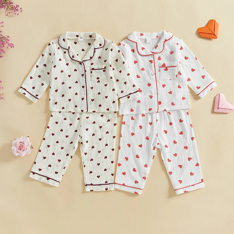 Detské dievčatá Valentín Pyžama set Sweet Heart Print dlhé rukávy tričko a elastické pásy nohavíc pre obývaciu bielizeň