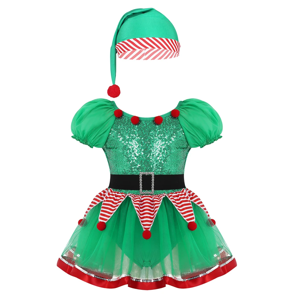 Detské dievčatá Vianoce škriatkové šaty Flitrované sieťové balet Tutu Tutu Skating Šaty s klobúkom balet Tutu rozprávková duchovná kostým Cosplay