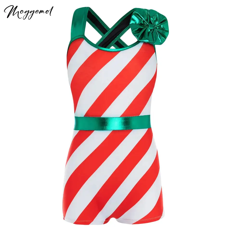 Detské dievčatá vianočné cukrovinky Trénové pruhy baletné tanečné kostýmy bez rukávov BodySuit Dancewear Gymnastický trikot Santa Biketard