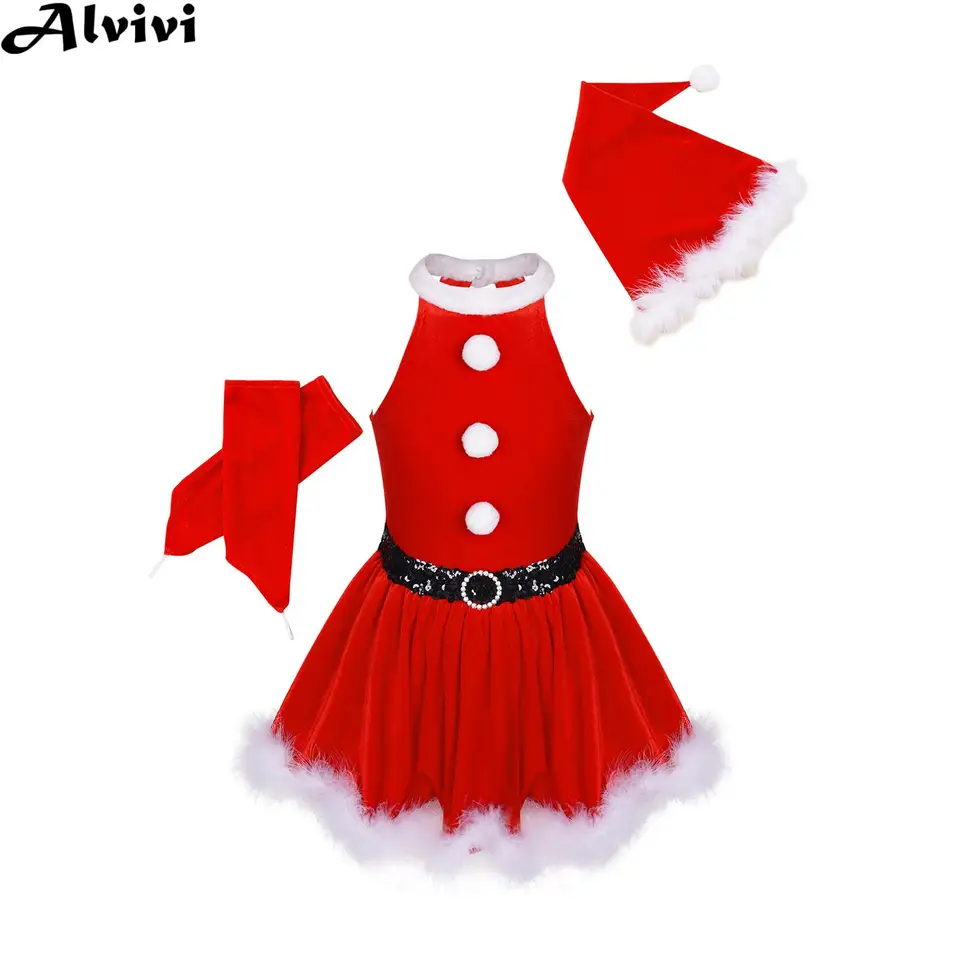 Detské dievčatá vianočný baletný tanec Dance Korčuľovanie Šaty Santa Claus Cosplay Performance Performance Velvet Cost
