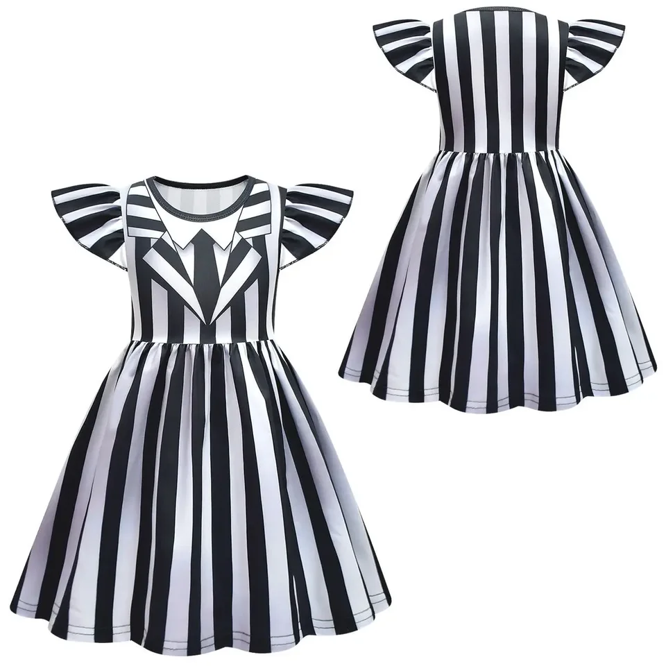 Detské dievčatá čierny a biely pruh Hrozný monk Rufle Dress Outfit Vianočné roly hra Halloween Cosplay kostým