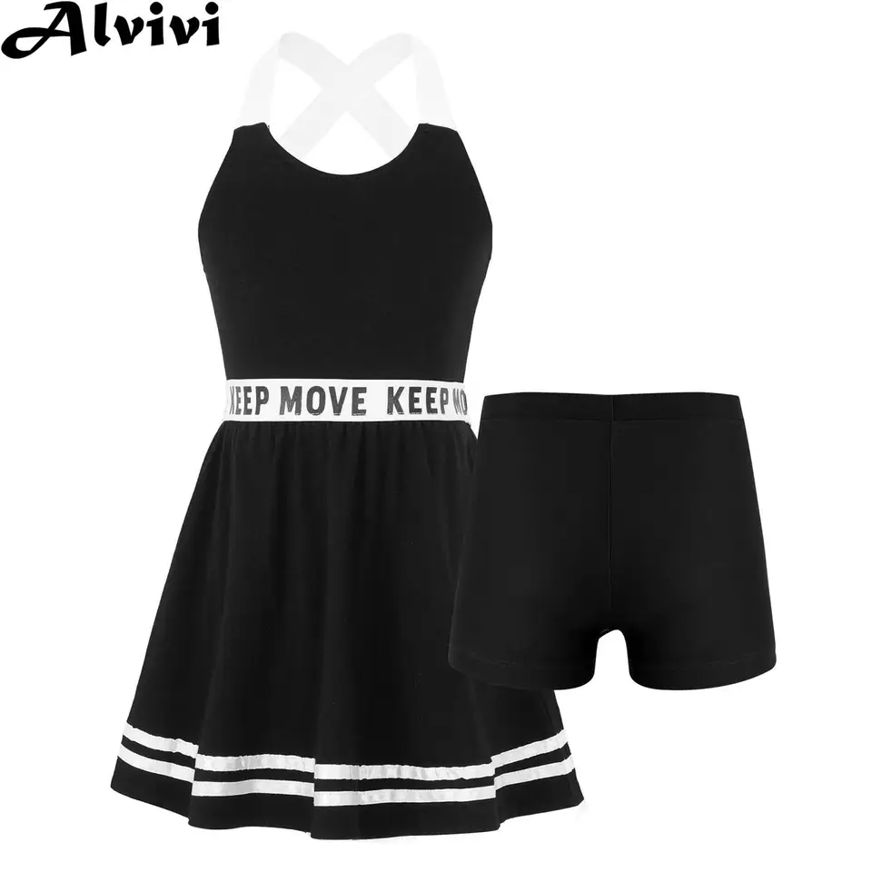 Detské dievčatá Športové šaty bez rukávov bez rukávov listových šaty s šortkami Set Tracksuit Tennis Gym Workout Sportswear