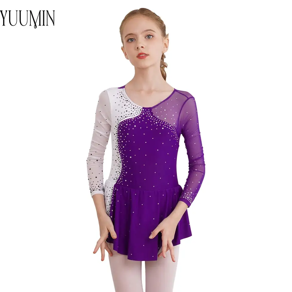 Detské dievčatá Štýlové postavy ľadové korčuľovanie Korčuľovanie BodySuit s dlhým rukávom Dlhý rukáv lesklý kamienok Dance Dance Gymnastic kostým Dancewear