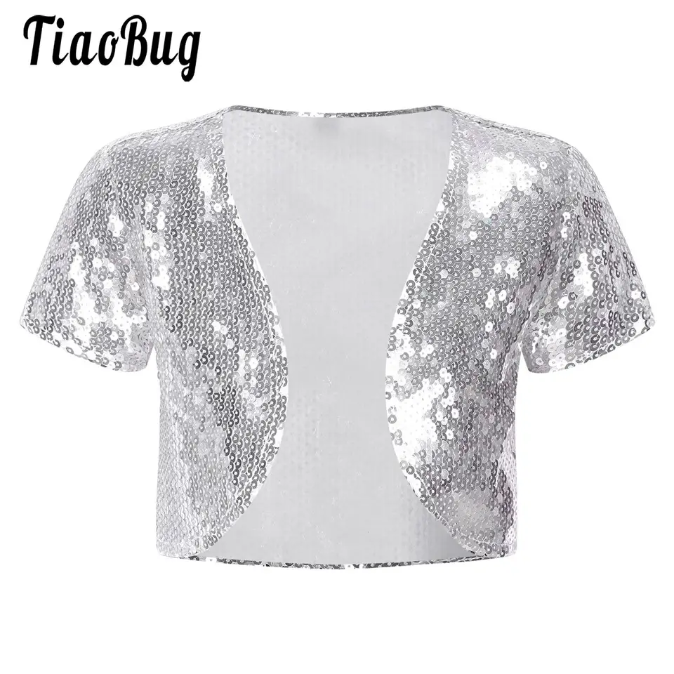 Detské dievčenské flitry Bolero Mardigans Glitter Short Jacket Kids Krátke rukávy Otvorené predné plodiny Vrchne oblečenie pre tanečnú párty svadba