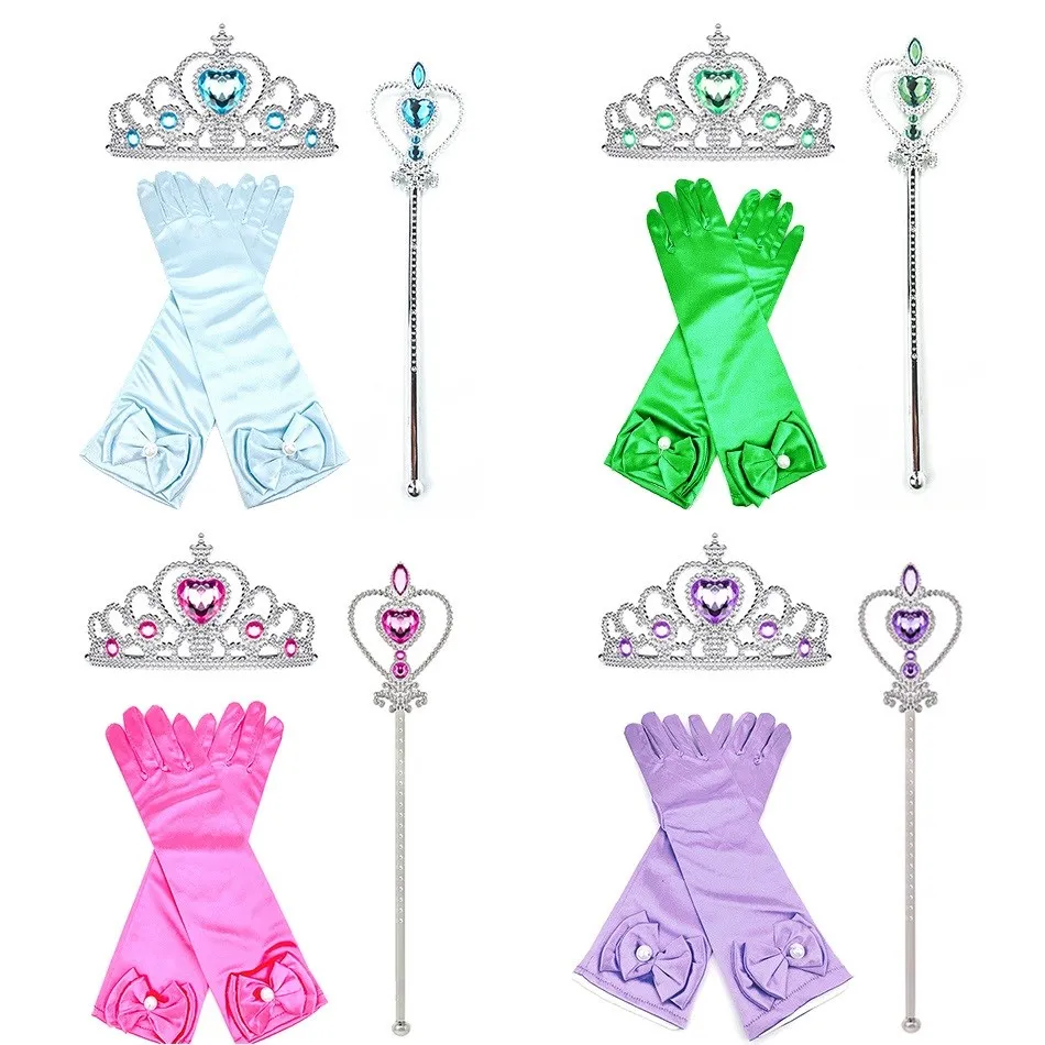 Detské doplnky sada kráľovná Elsa Aurora Rapunzel Fancy Costy Party Dodávky modrej zelenej ružovej fialovej prúžkovej koruny rukavice outfit