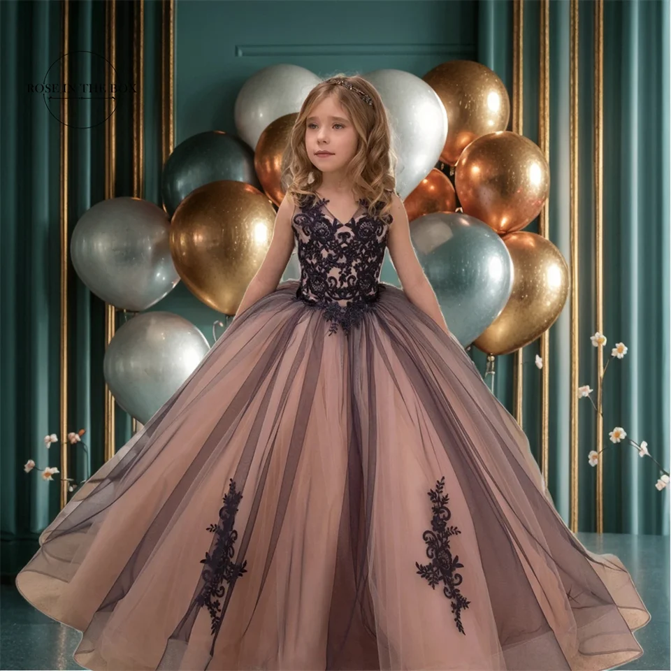 Detské elegantné čipkové čipky pre dievčatá pre dievčatá v krku guľôčkové šaty princezná čierny typ kvetinové šaty šaty vianočné narodeniny