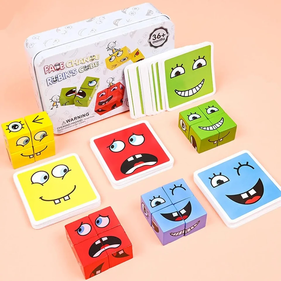 Detské emócie Expression Game Drevená kocka tvárou v tvár kreslenej logickej hračke Montessori Thinking Challenge Games Games