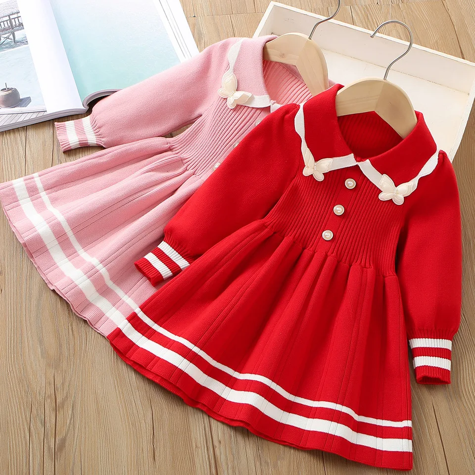 Detské jesenné zimné šaty Dievčatá Kórejská verzia Candy Candy Lace Collar Sweater Šaty detské pletené princezné šaty