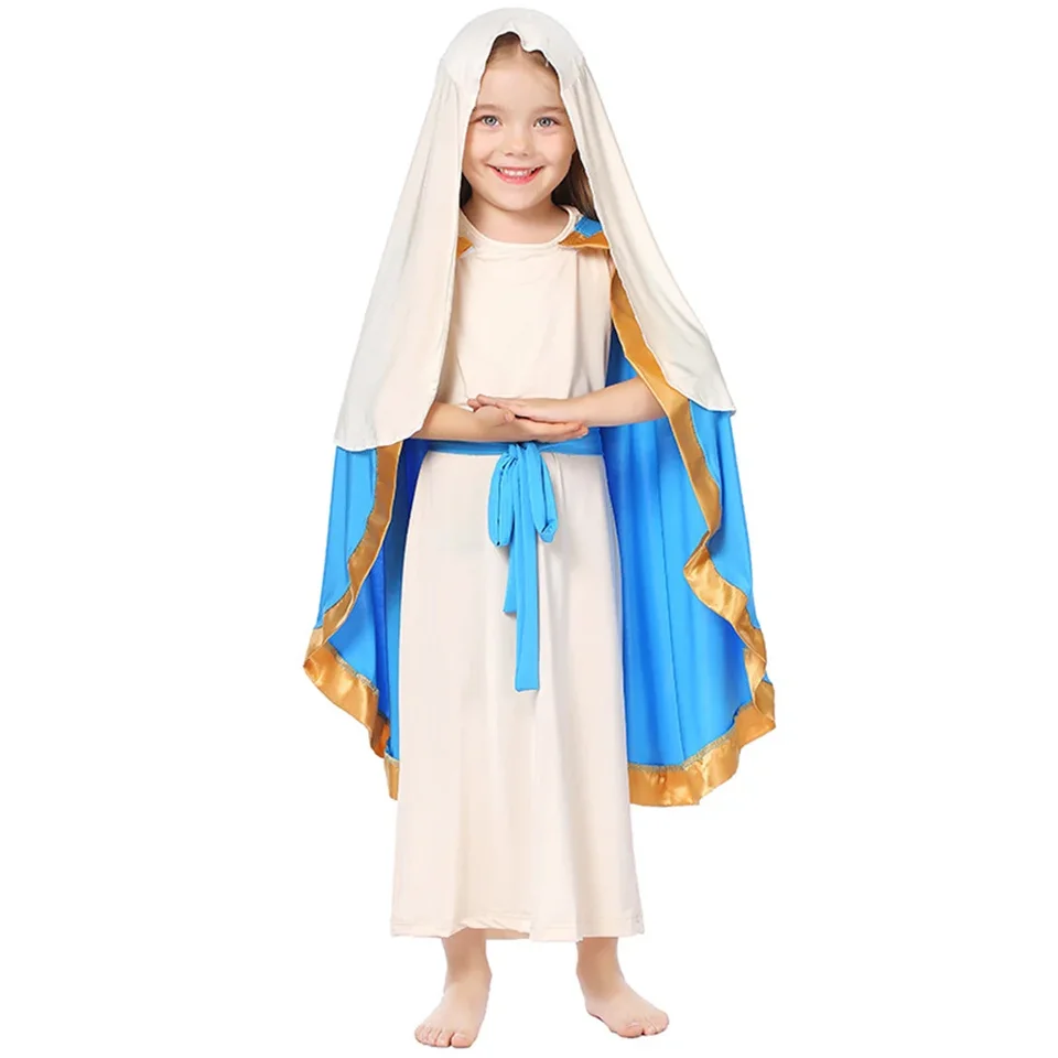 Detské kostýmy Panne Mary Costume Girls bez rukávov Rieka Shawl Church Outfit Party Roly hrať starodávna mníška Fantasia Shepherd Dress